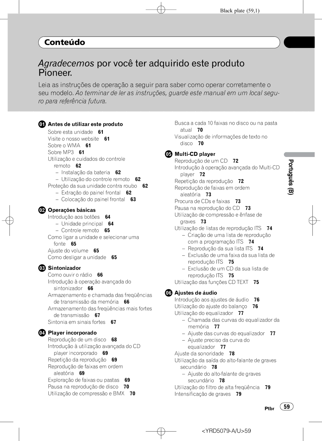 Pioneer DEH-P3950MP operation manual Conteúdo, Introdução à operação avançada do sintonizador, Aleatória, Ajustes de áudio 