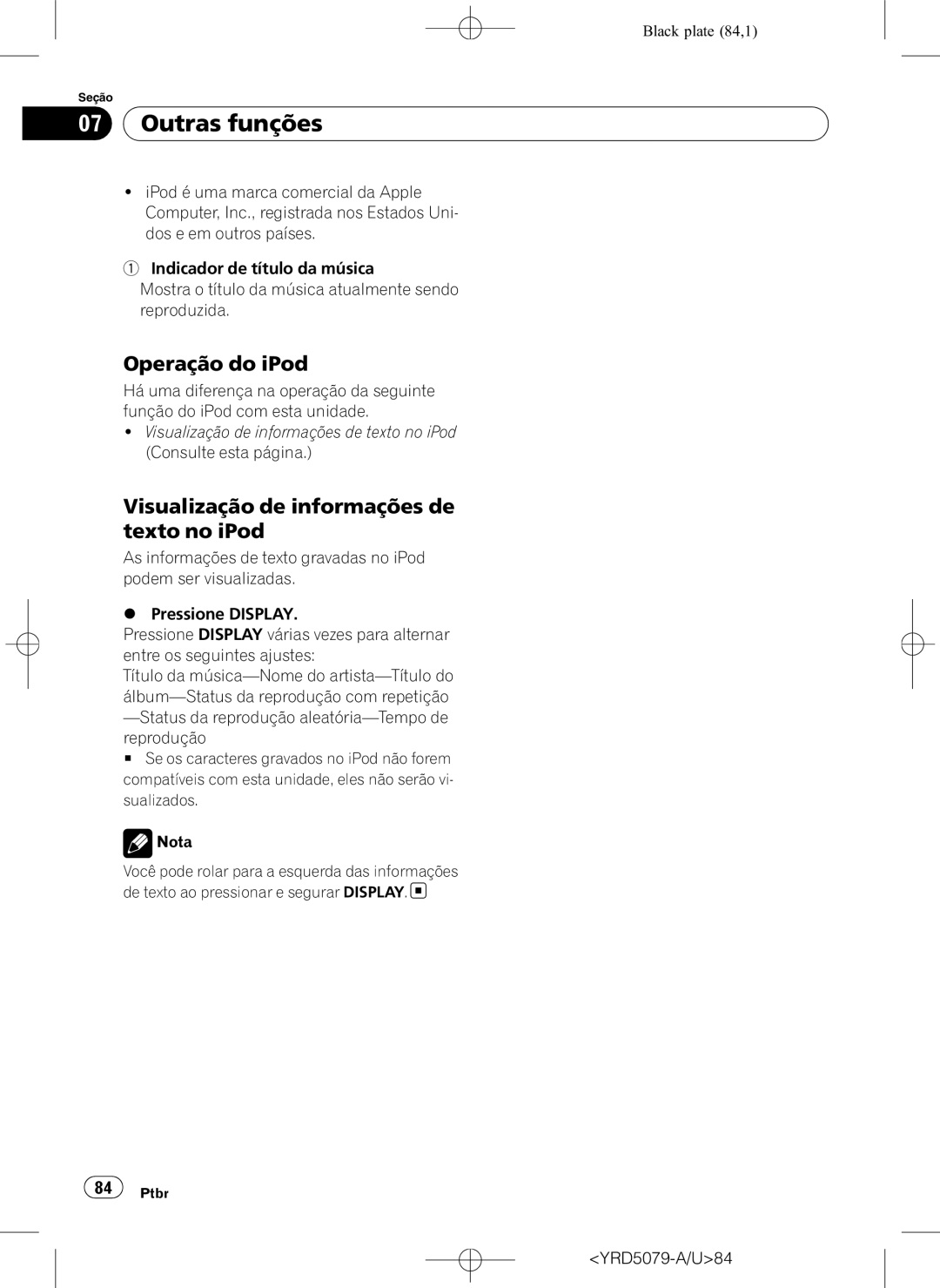 Pioneer DEH-P3950MP operation manual Operação do iPod, Visualização de informações de texto no iPod, YRD5079-A/U84 