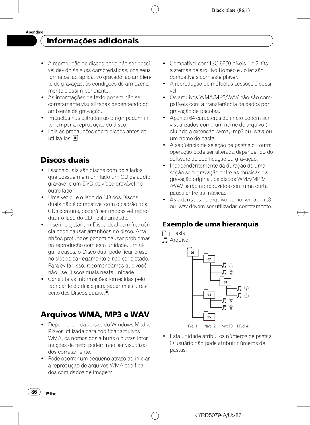 Pioneer DEH-P3950MP Informações adicionais, Discos duais, Arquivos WMA, MP3 e WAV, Exemplo de uma hierarquia 