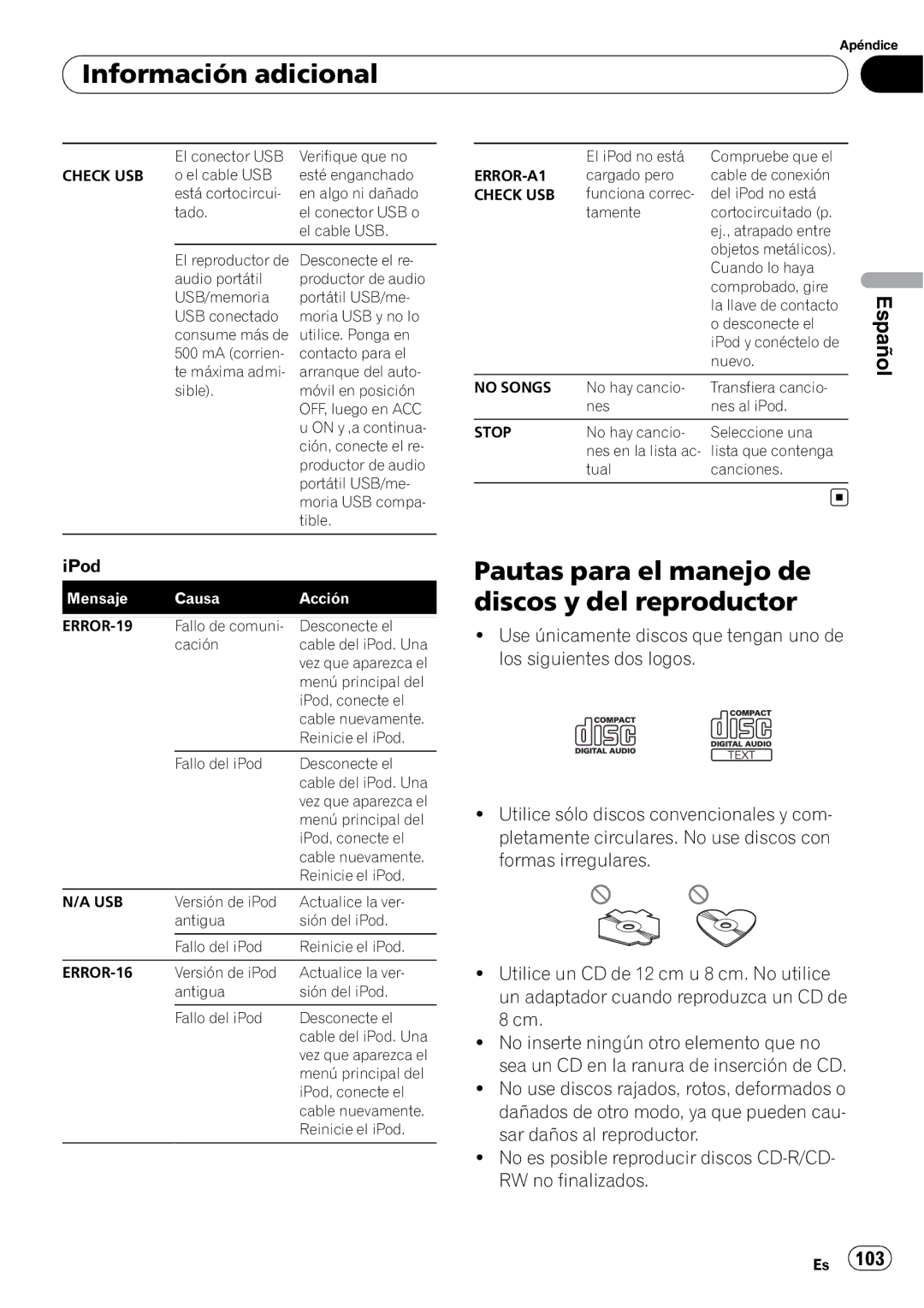 Pioneer DEH-P4050UB operation manual Información adicional, Pautas para el manejo de discos y del reproductor 