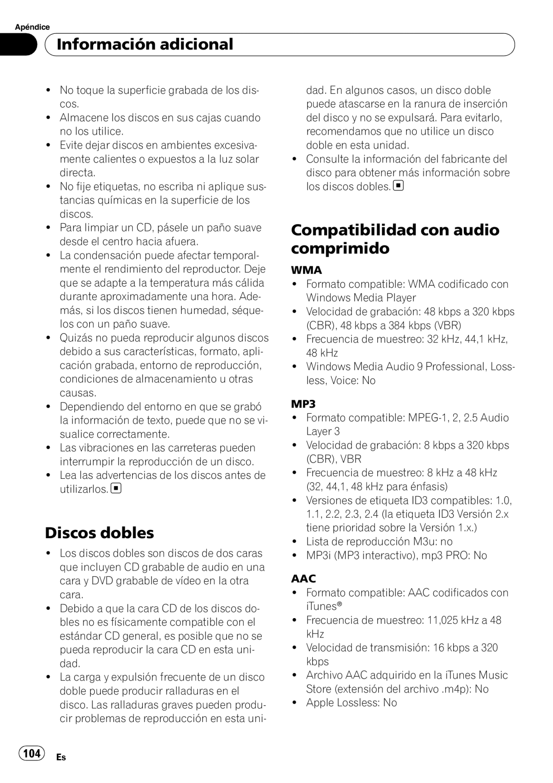 Pioneer DEH-P4050UB operation manual Discos dobles, Compatibilidad con audio comprimido, 104 Es 