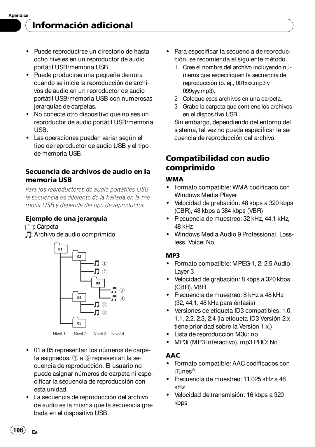 Pioneer DEH-P4050UB Compatibilidad con audio comprimido, Secuencia de archivos de audio en la memoria USB, 106 Es 