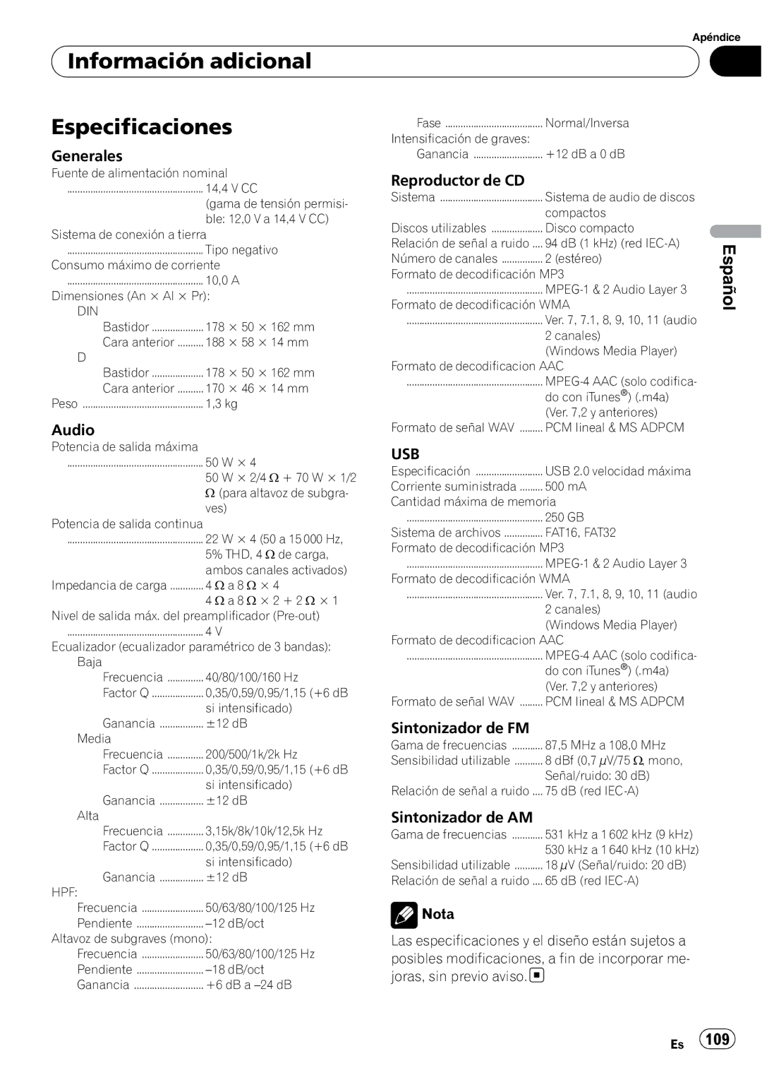 Pioneer DEH-P4050UB Información adicional Especificaciones, Generales, Reproductor de CD, Sintonizador de FM 