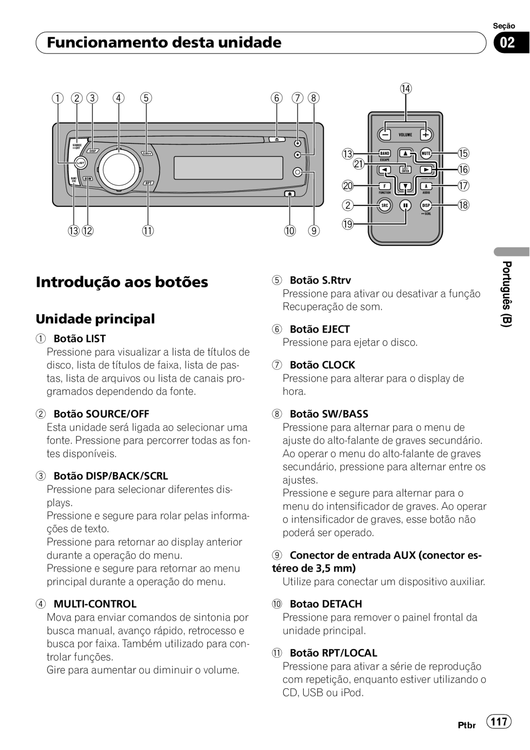 Pioneer DEH-P4050UB operation manual Funcionamento desta unidade, Introdução aos botões, Unidade principal, 117 