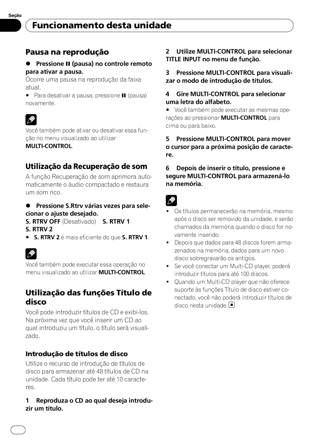 Pioneer DEH-P4050UB Pausa na reprodução, Utilização da Recuperação de som, Utilização das funções Título de disco 