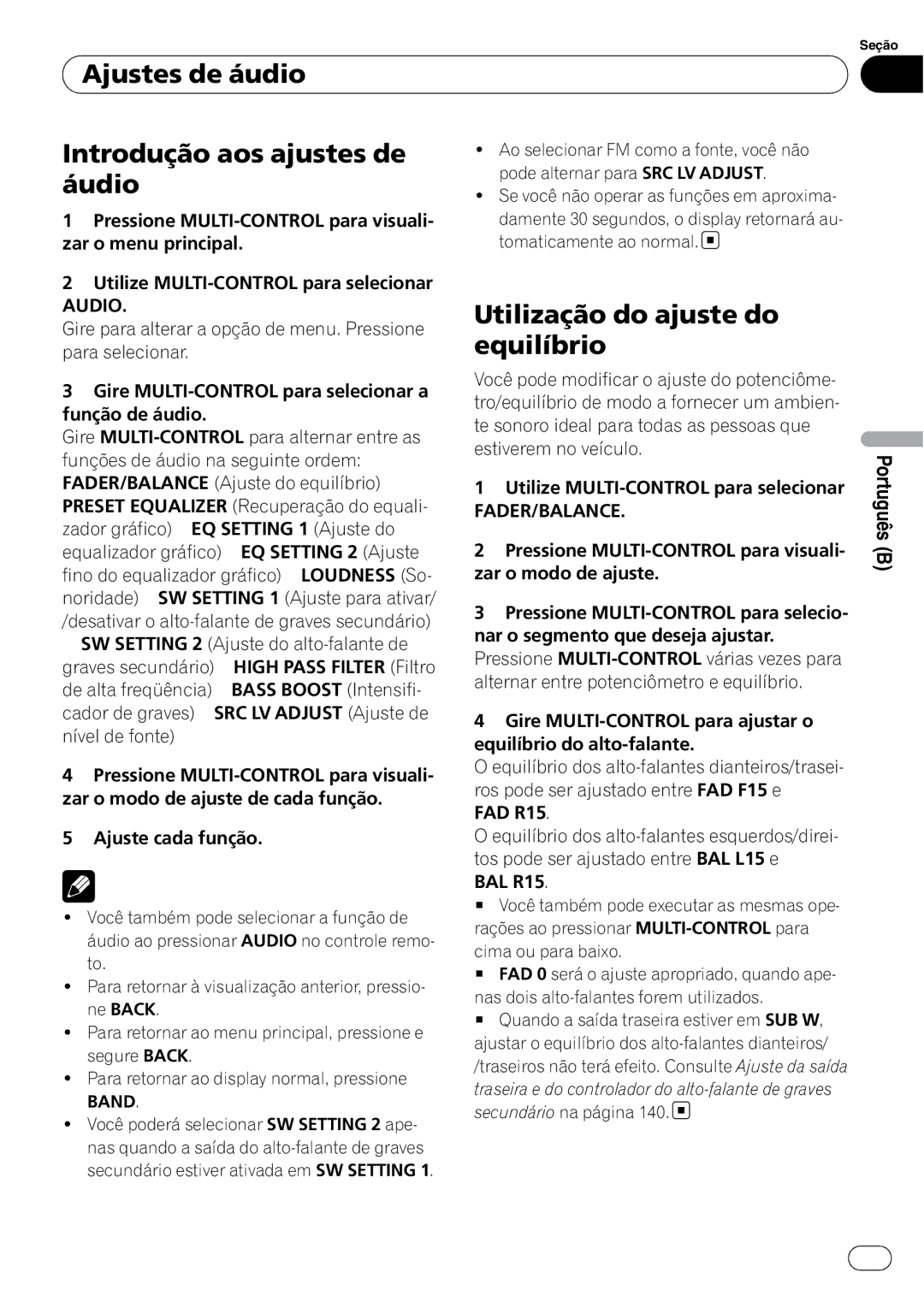 Pioneer DEH-P4050UB Ajustes de áudio Introdução aos ajustes de áudio, Utilização do ajuste do equilíbrio, Audio 