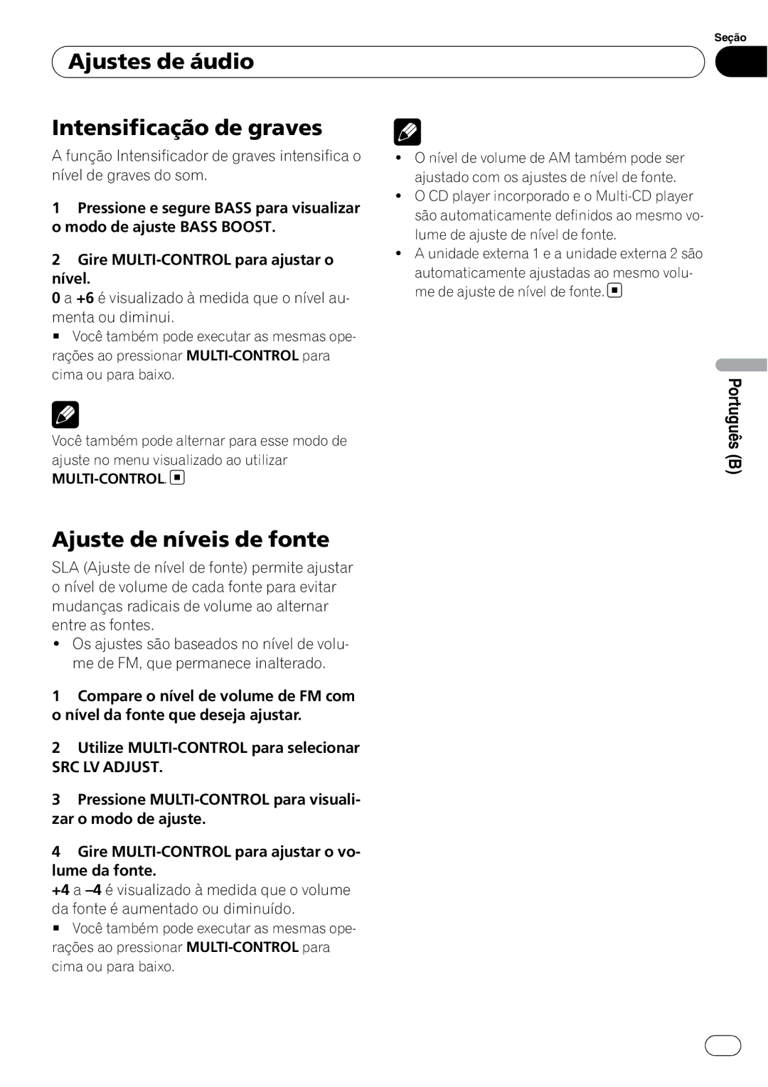 Pioneer DEH-P4050UB operation manual Ajustes de áudio Intensificação de graves, Ajuste de níveis de fonte 