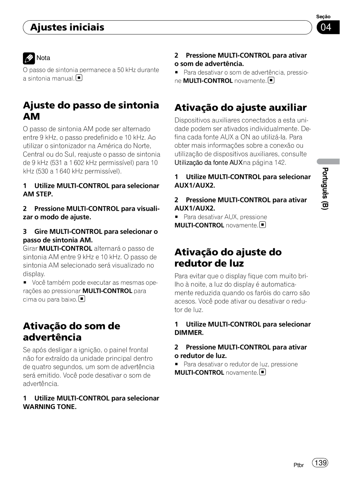 Pioneer DEH-P4050UB operation manual Ajustes iniciais, Ativação do som de advertência, Ativação do ajuste auxiliar, Dimmer 