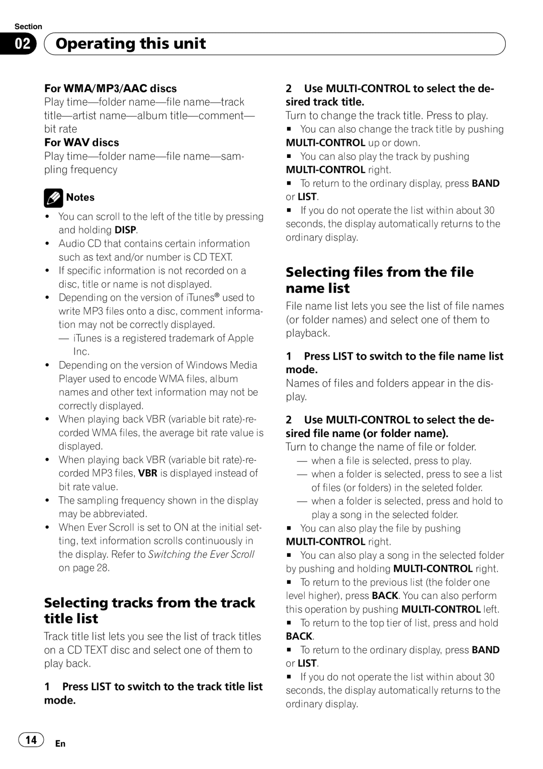 Pioneer DEH-P4050UB operation manual Selecting tracks from the track title list, Selecting files from the file name list 