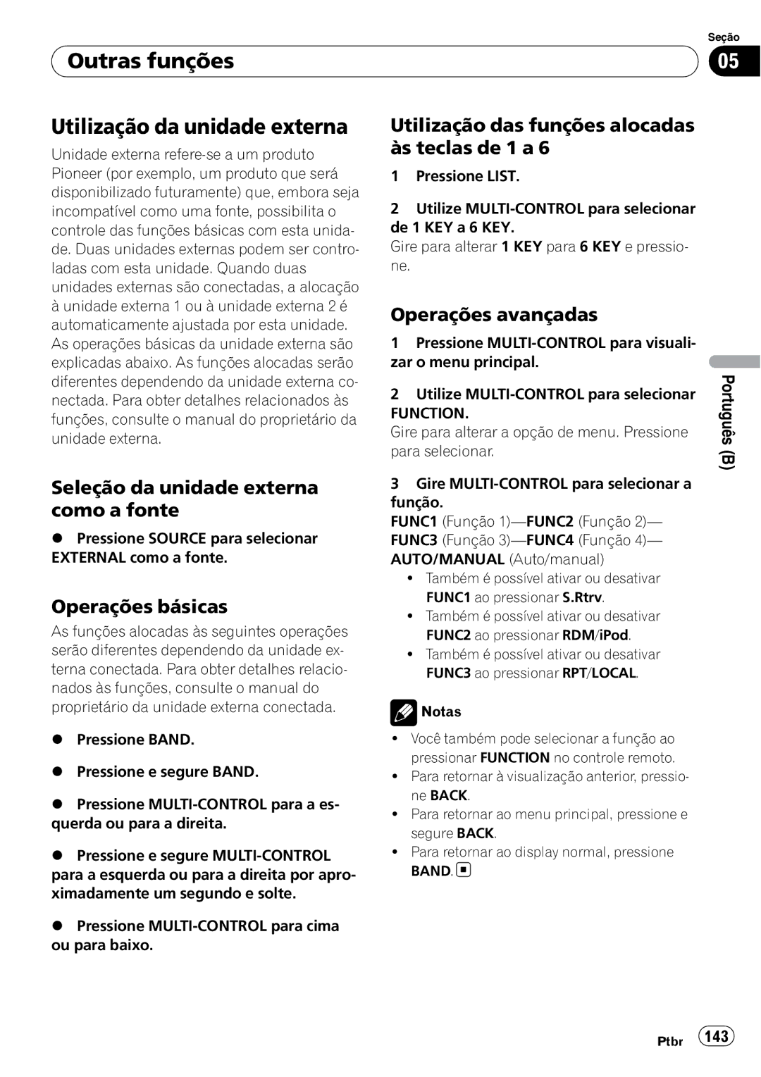 Pioneer DEH-P4050UB operation manual Outras funções Utilização da unidade externa, Seleção da unidade externa como a fonte 