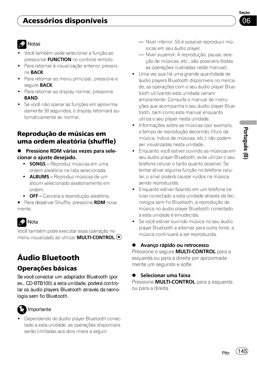 Pioneer DEH-P4050UB operation manual Acessórios disponíveis, Áudio Bluetooth 