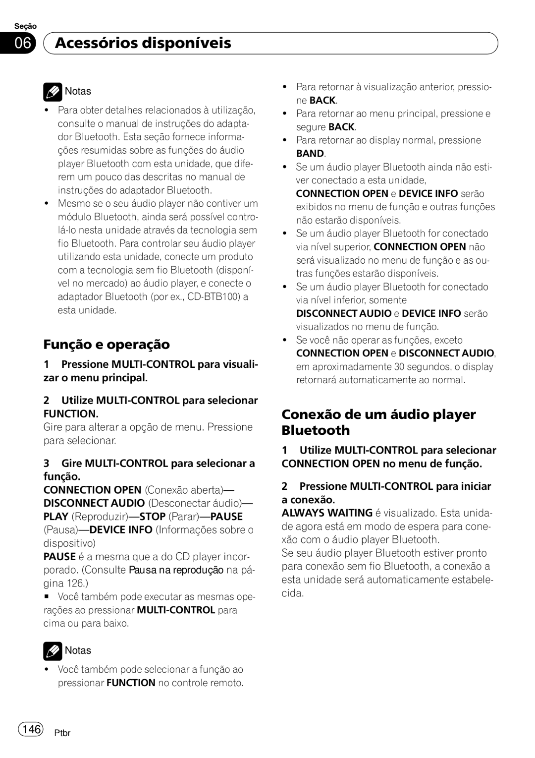 Pioneer DEH-P4050UB operation manual Conexão de um áudio player Bluetooth 