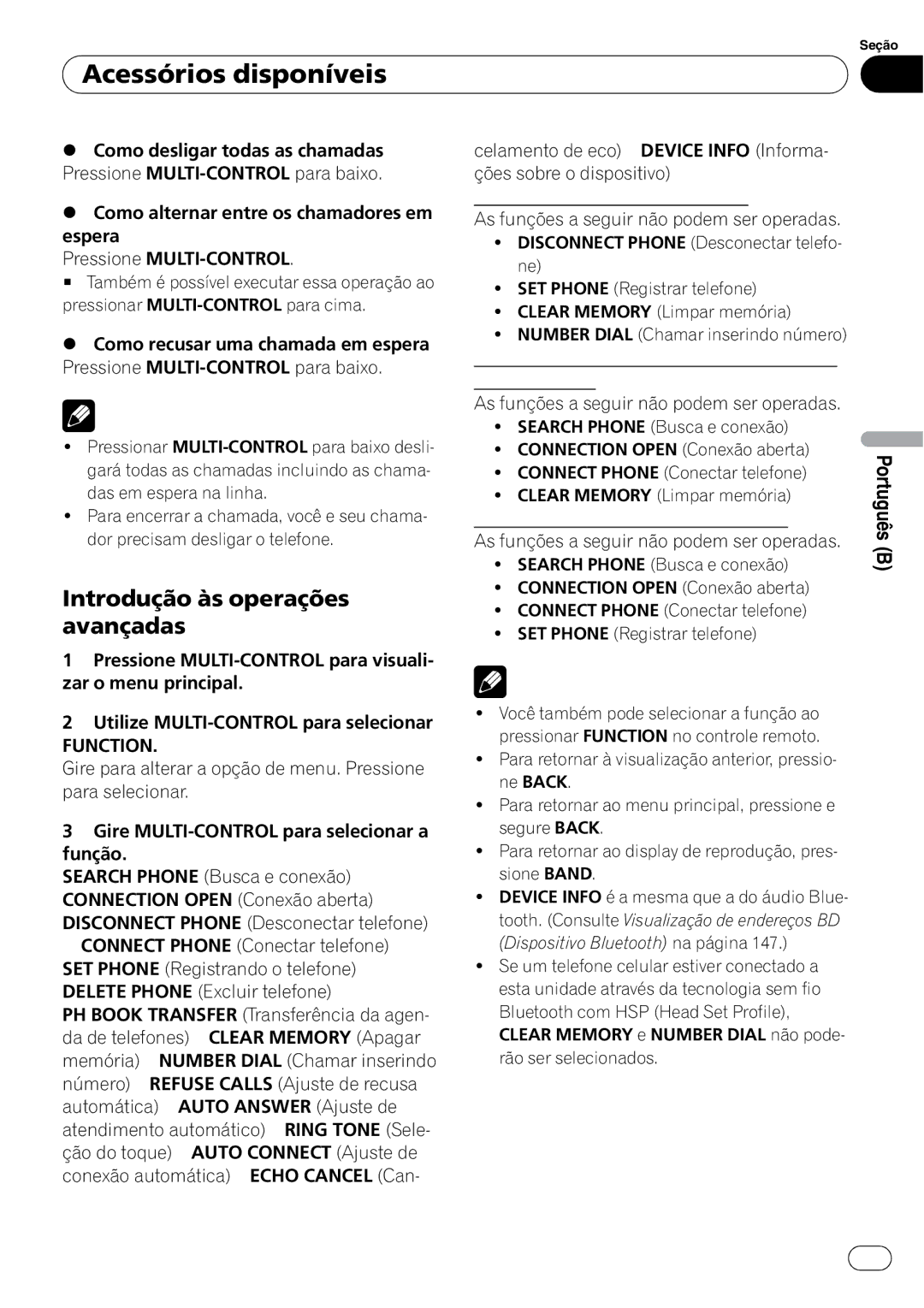 Pioneer DEH-P4050UB operation manual Introdução às operações avançadas 