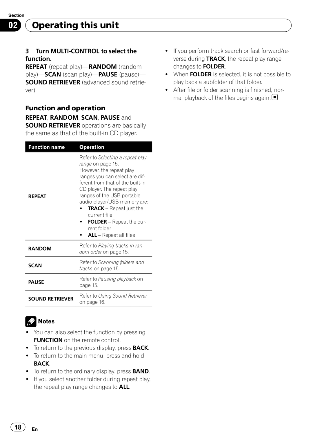 Pioneer DEH-P4050UB operation manual Function and operation, Function name Operation 