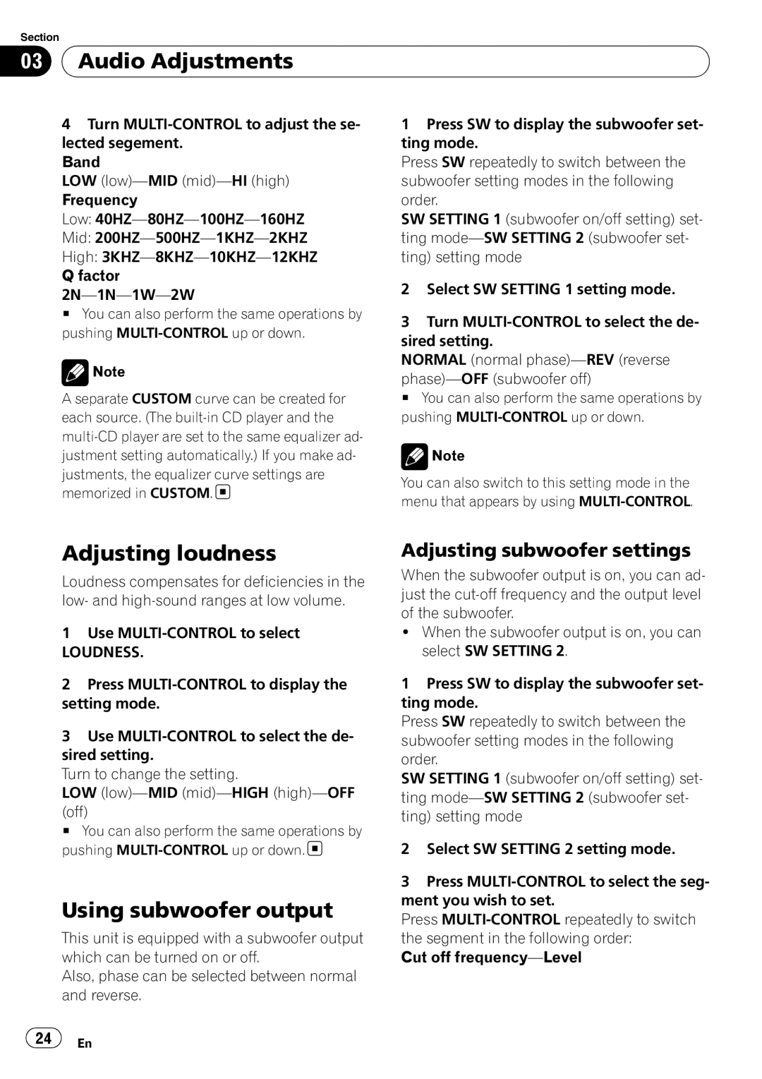 Pioneer DEH-P4050UB operation manual Adjusting loudness, Using subwoofer output, Adjusting subwoofer settings, Loudness 