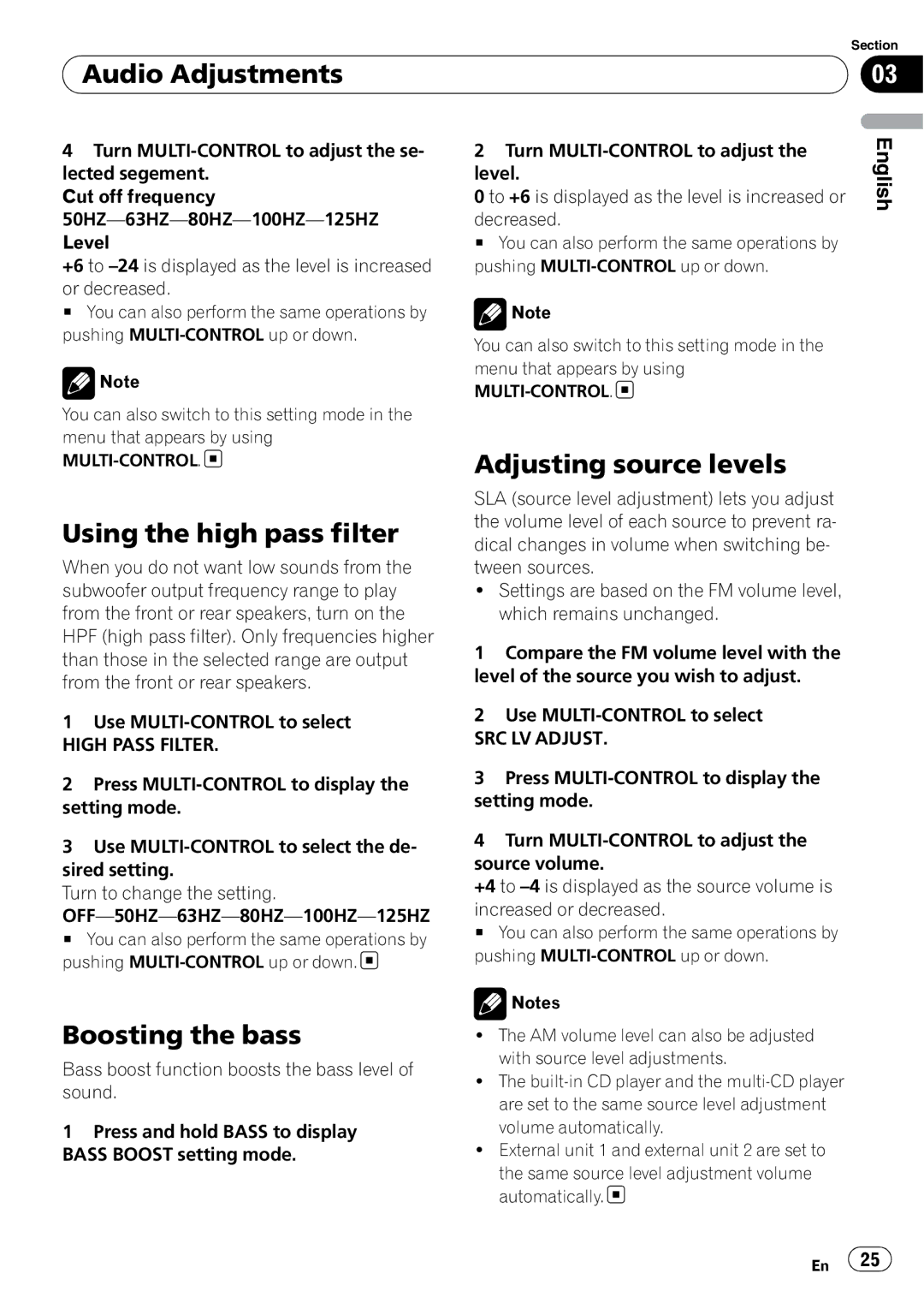 Pioneer DEH-P4050UB Using the high pass filter, Adjusting source levels, Boosting the bass, High Pass Filter 