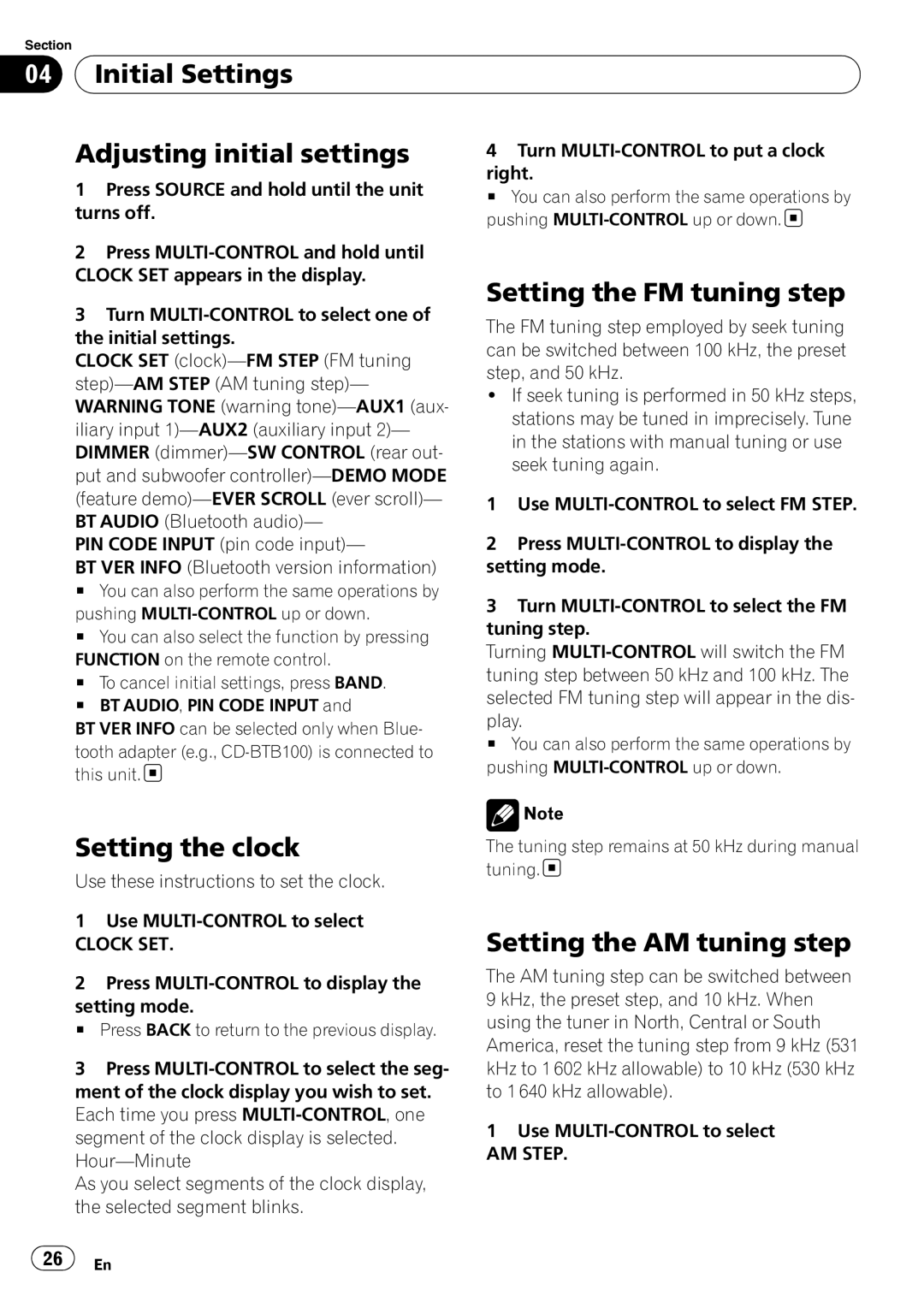 Pioneer DEH-P4050UB Initial Settings Adjusting initial settings, Setting the FM tuning step, Setting the clock 