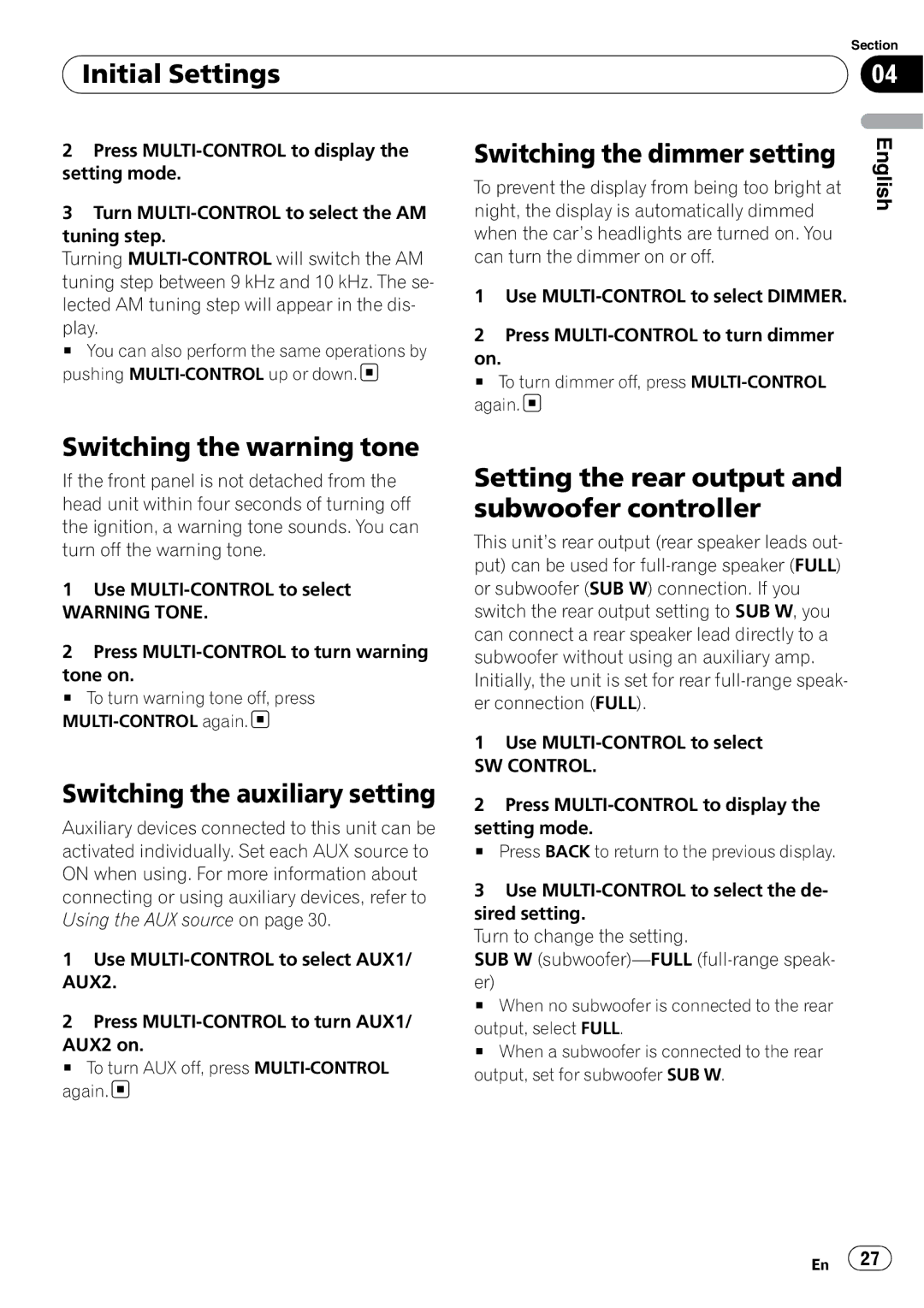 Pioneer DEH-P4050UB operation manual Initial Settings, Switching the warning tone Switching the dimmer setting, SW Control 