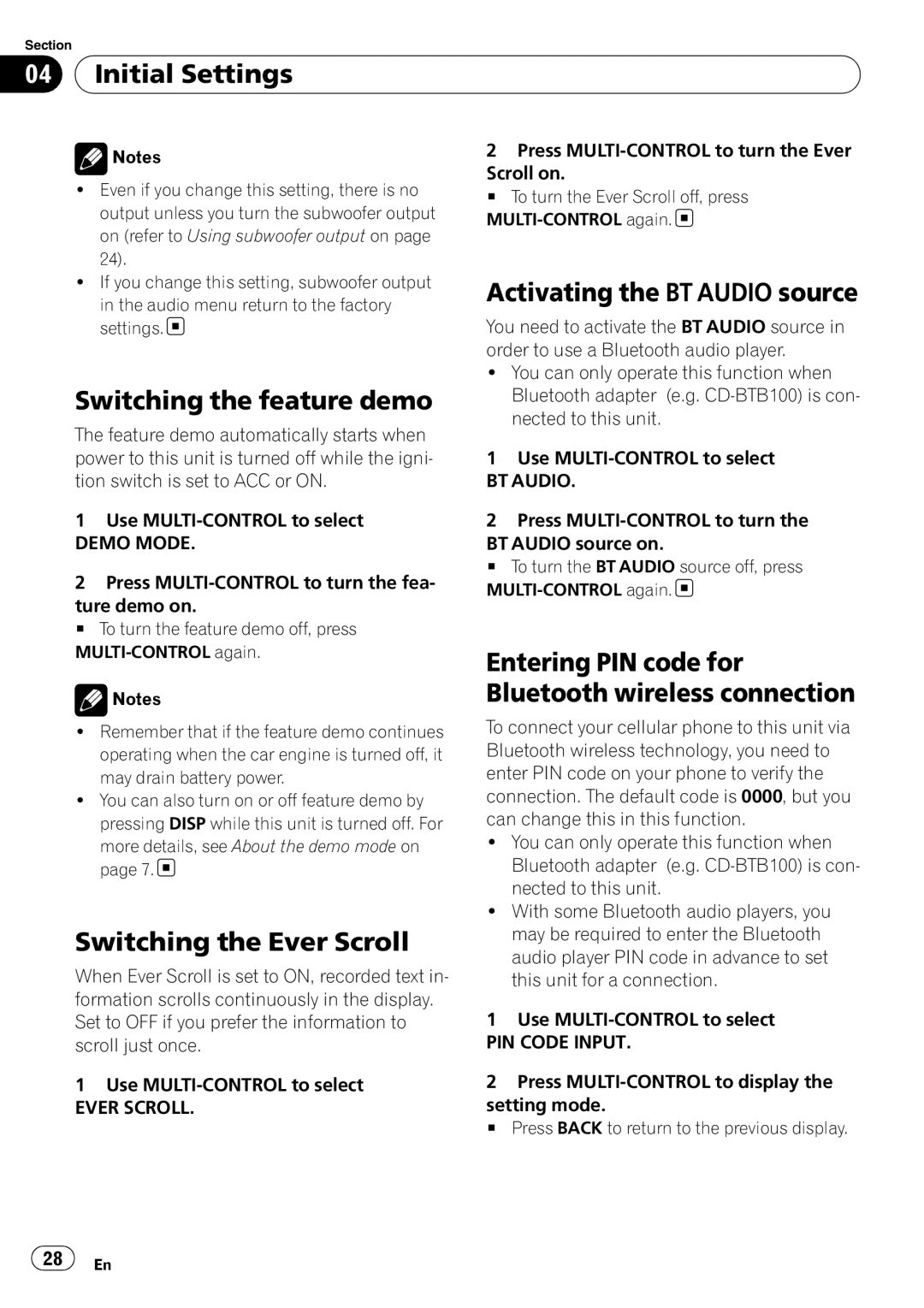 Pioneer DEH-P4050UB operation manual Switching the feature demo, Switching the Ever Scroll, Activating the BT Audio source 