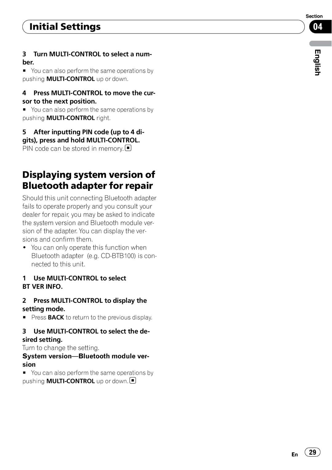 Pioneer DEH-P4050UB operation manual Displaying system version of Bluetooth adapter for repair, BT VER Info 