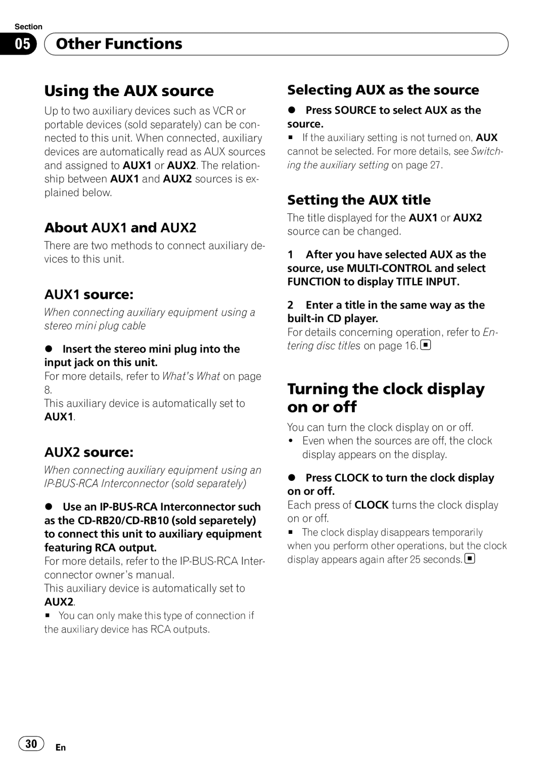 Pioneer DEH-P4050UB operation manual Other Functions Using the AUX source, Turning the clock display on or off 