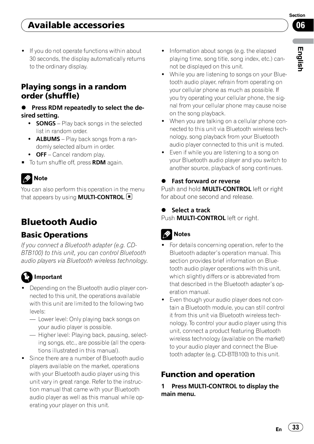 Pioneer DEH-P4050UB operation manual Available accessories, Bluetooth Audio, Press MULTI-CONTROL to display the main menu 