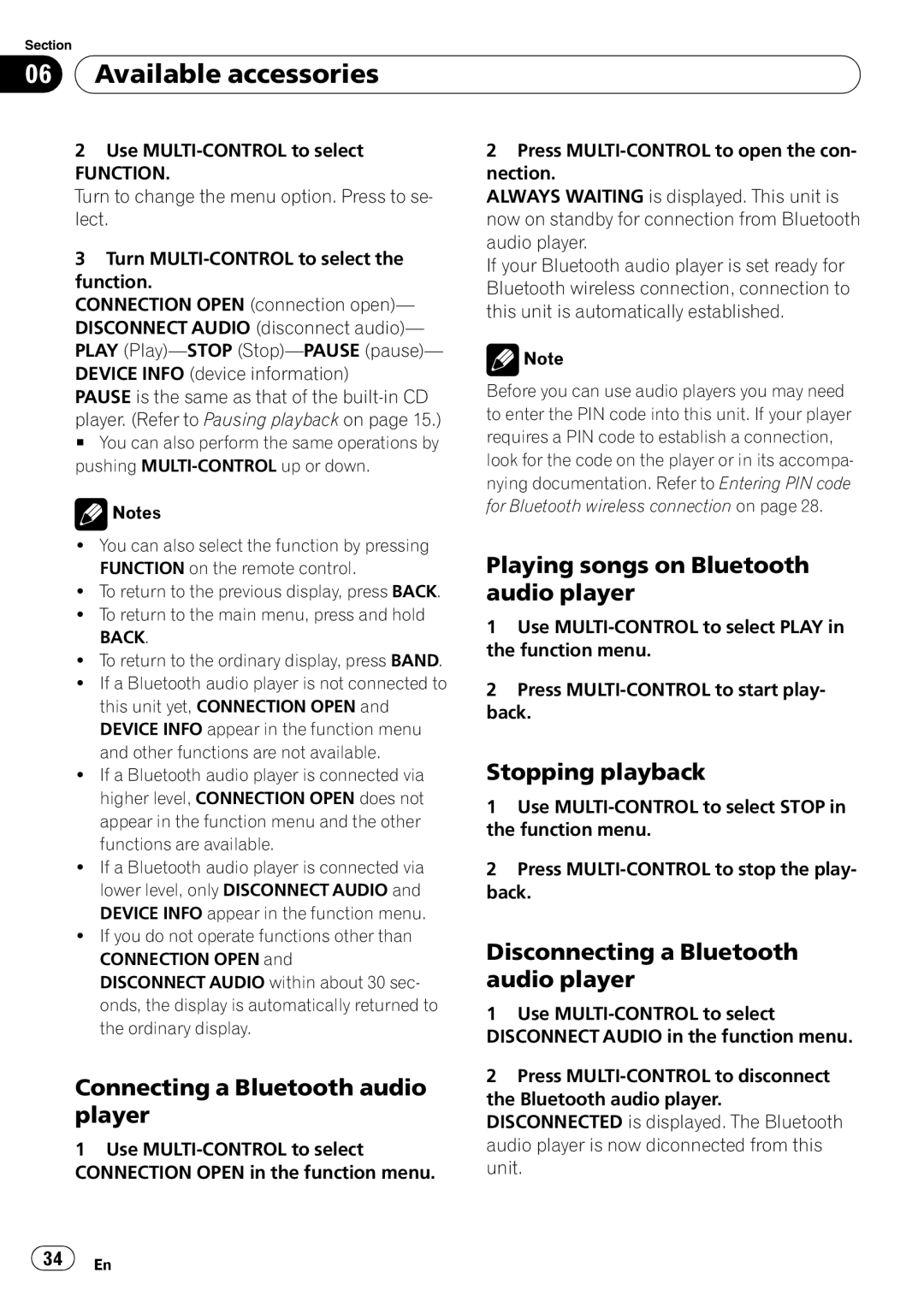 Pioneer DEH-P4050UB Connecting a Bluetooth audio player, Playing songs on Bluetooth audio player, Stopping playback 