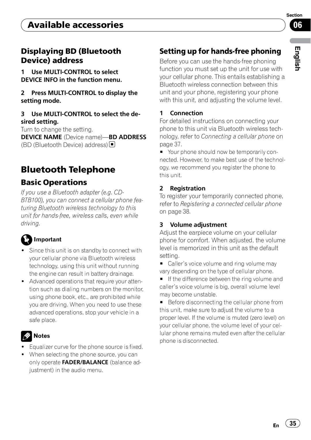 Pioneer DEH-P4050UB Bluetooth Telephone, Displaying BD Bluetooth Device address, Setting up for hands-free phoning 