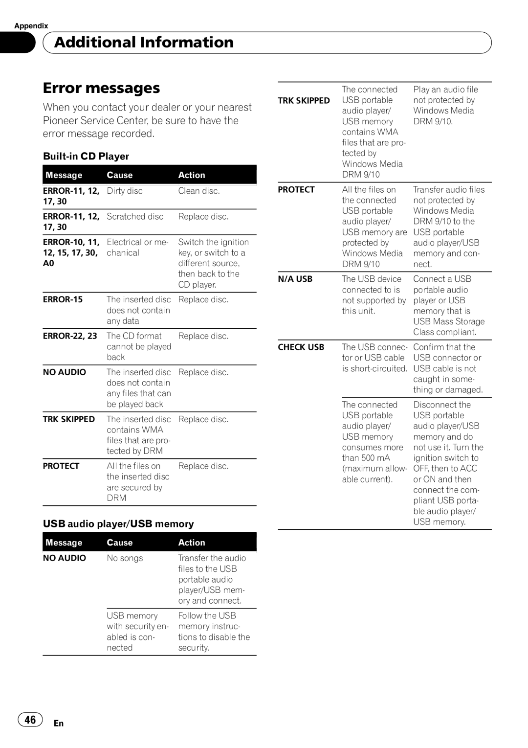 Pioneer DEH-P4050UB operation manual Additional Information Error messages, When you contact your dealer or your nearest 