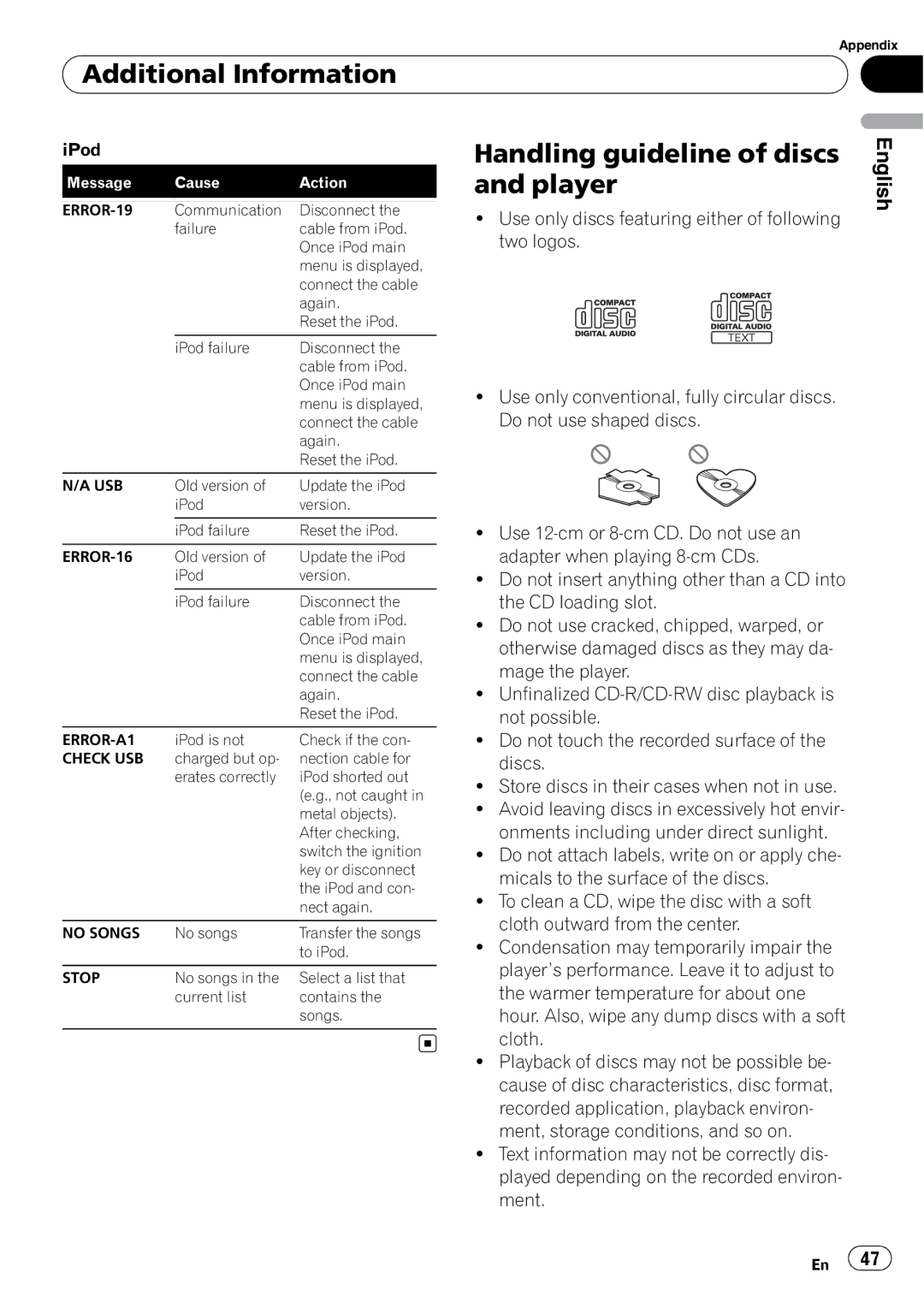 Pioneer DEH-P4050UB operation manual Additional Information, Handling guideline of discs and player 