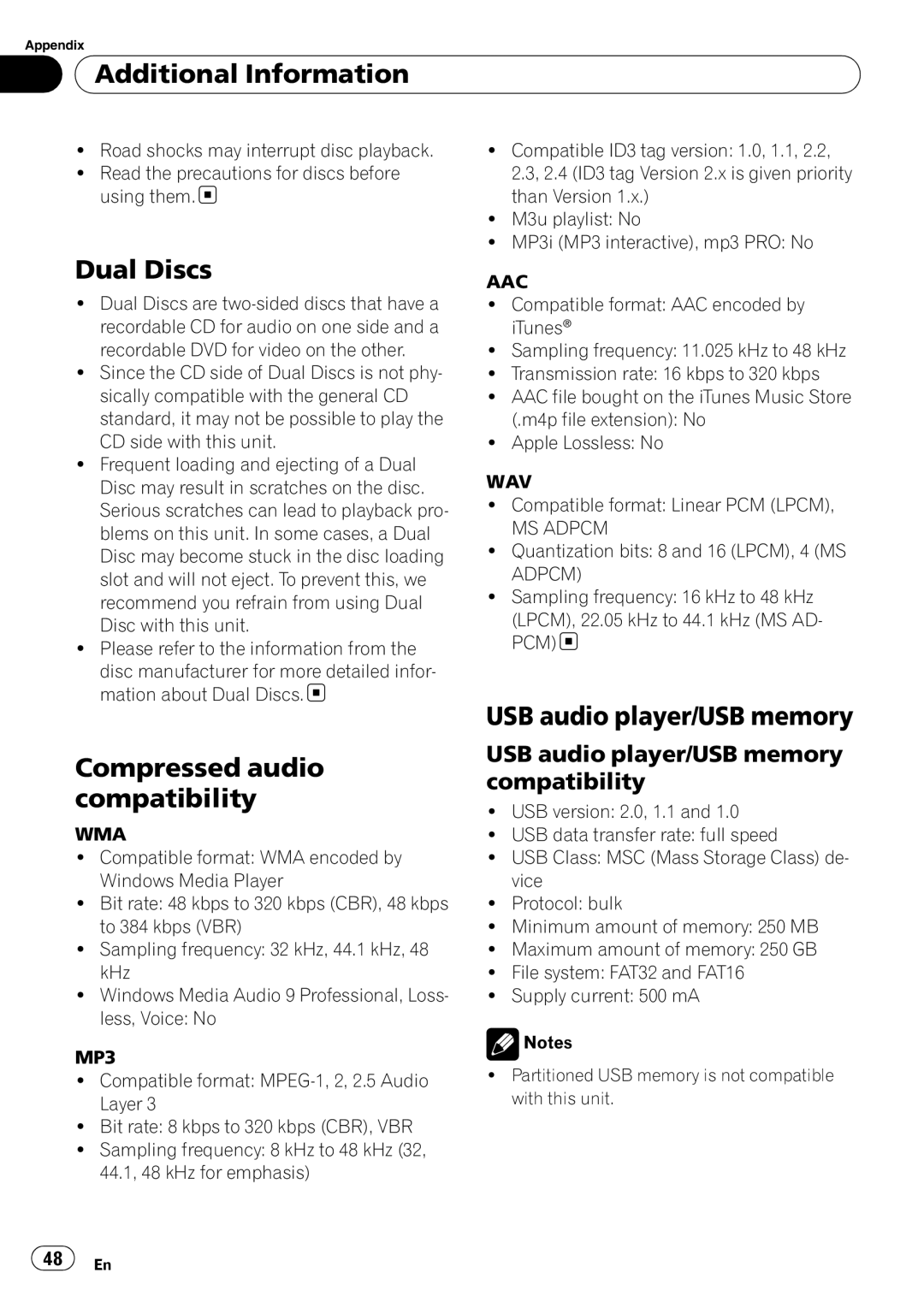 Pioneer DEH-P4050UB operation manual Dual Discs, Compressed audio compatibility, USB audio player/USB memory 