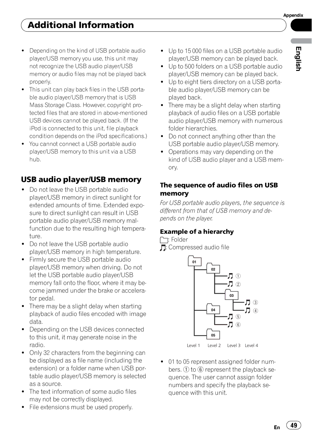 Pioneer DEH-P4050UB operation manual USB audio player/USB memory, Sequence of audio files on USB memory 