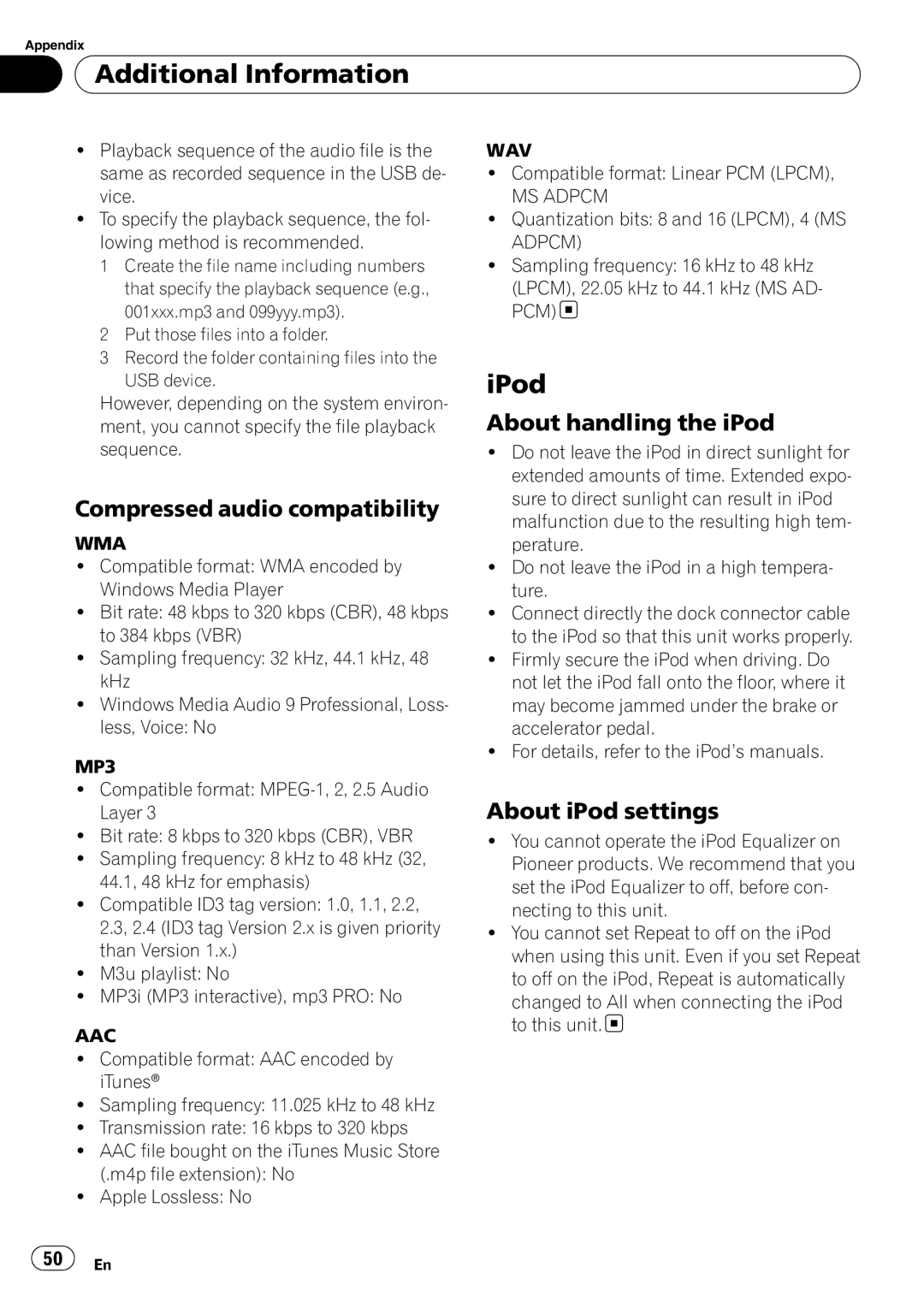 Pioneer DEH-P4050UB operation manual IPod, Compressed audio compatibility, About handling the iPod, About iPod settings 