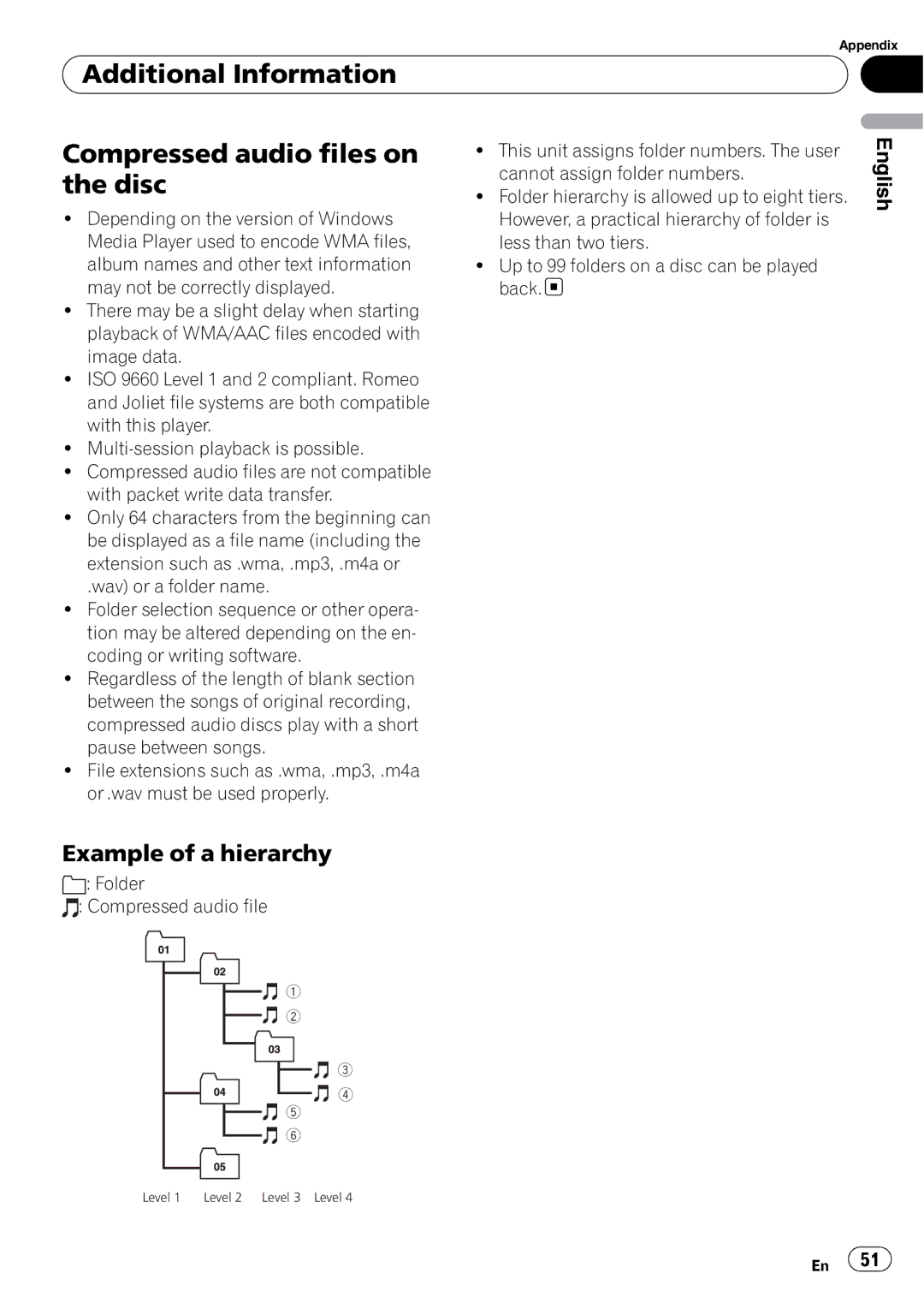 Pioneer DEH-P4050UB operation manual Additional Information Compressed audio files on the disc, Example of a hierarchy 