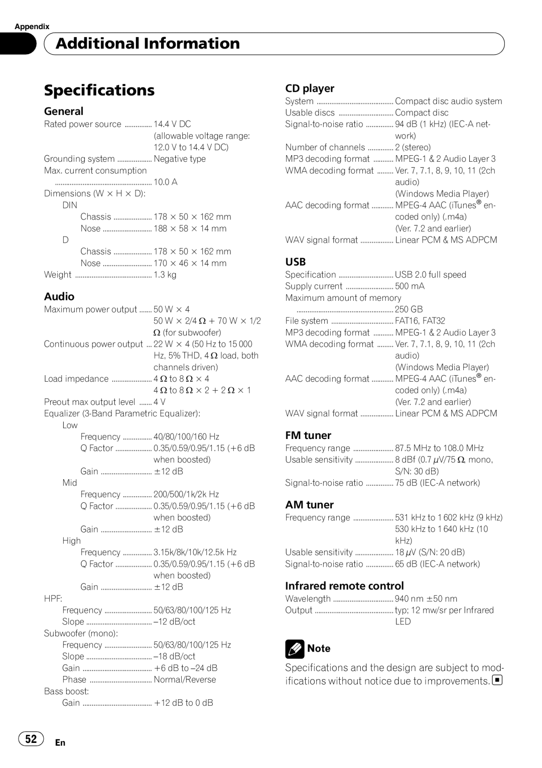 Pioneer DEH-P4050UB operation manual Additional Information Specifications, Usb 