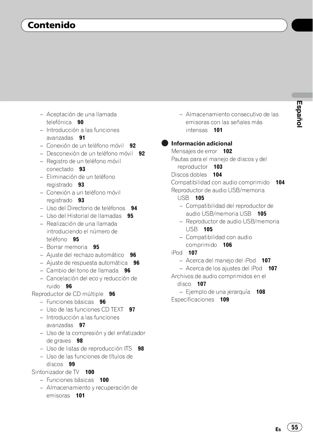 Pioneer DEH-P4050UB operation manual Disco Ejemplo de una jerarquía, Especificaciones 