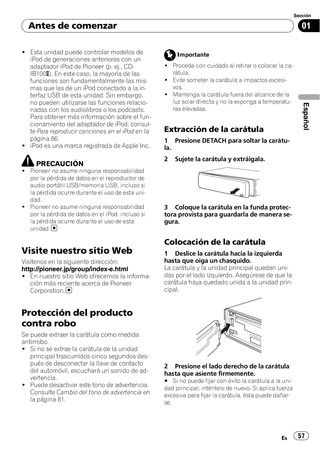 Pioneer DEH-P4050UB operation manual Antes de comenzar, Visite nuestro sitio Web, Protección del producto contra robo 