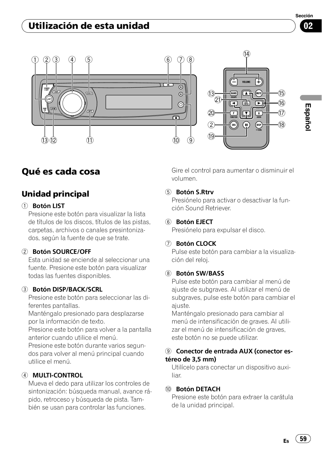 Pioneer DEH-P4050UB operation manual Utilización de esta unidad, Qué es cada cosa, Unidad principal 