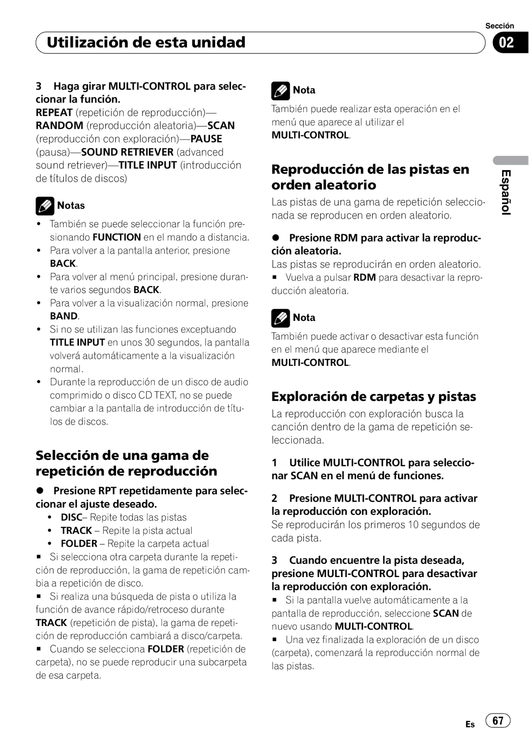 Pioneer DEH-P4050UB operation manual Reproducción de las pistas en orden aleatorio, Exploración de carpetas y pistas 