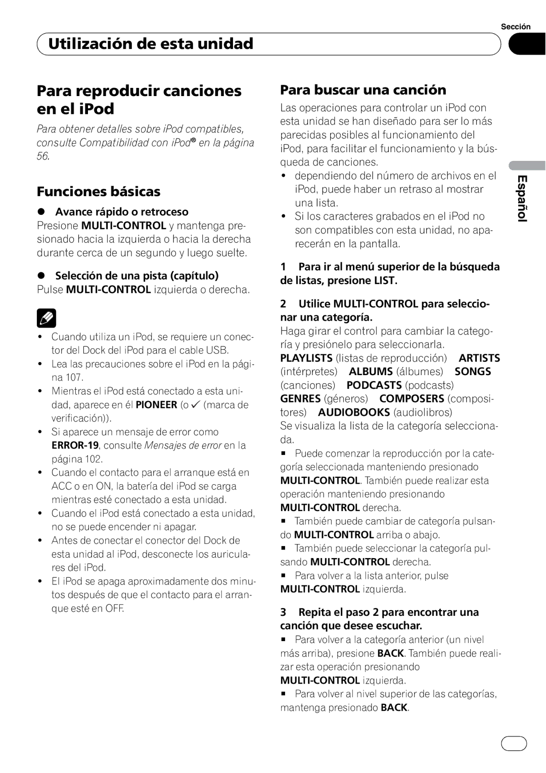 Pioneer DEH-P4050UB operation manual Para buscar una canción, Se visualiza la lista de la categoría selecciona 