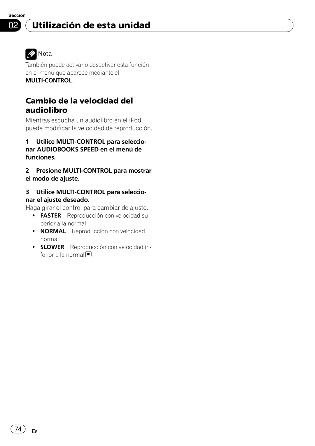 Pioneer DEH-P4050UB operation manual Cambio de la velocidad del audiolibro, Multi-Control 