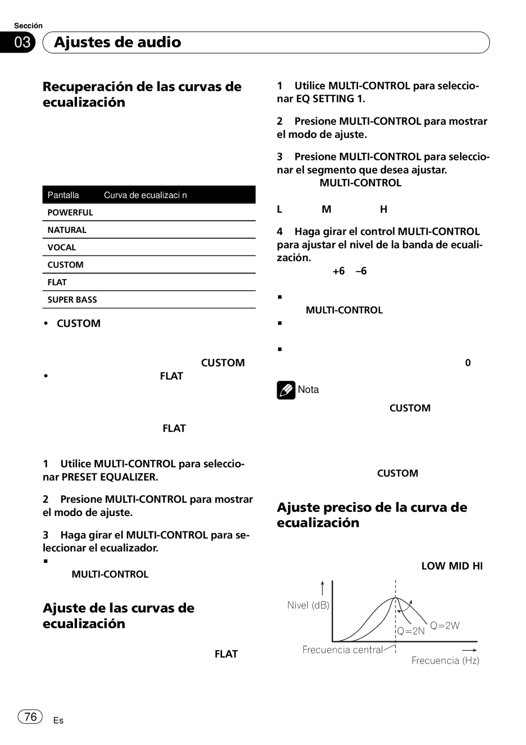 Pioneer DEH-P4050UB Ajustes de audio, Recuperación de las curvas de ecualización, Ajuste de las curvas de ecualización 