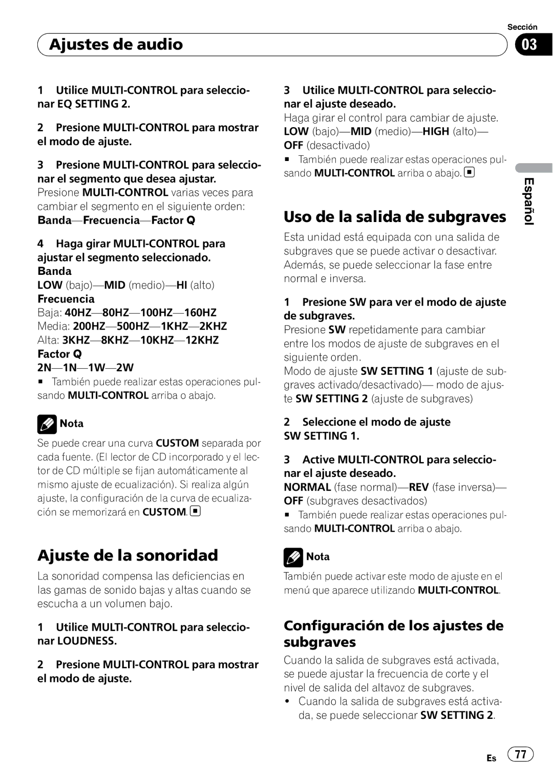 Pioneer DEH-P4050UB Ajuste de la sonoridad, Uso de la salida de subgraves, Configuración de los ajustes de subgraves 