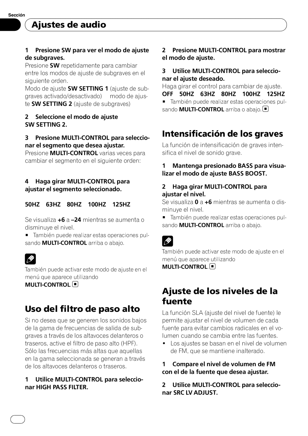 Pioneer DEH-P4050UB Uso del filtro de paso alto, Intensificación de los graves, Ajuste de los niveles de la fuente 