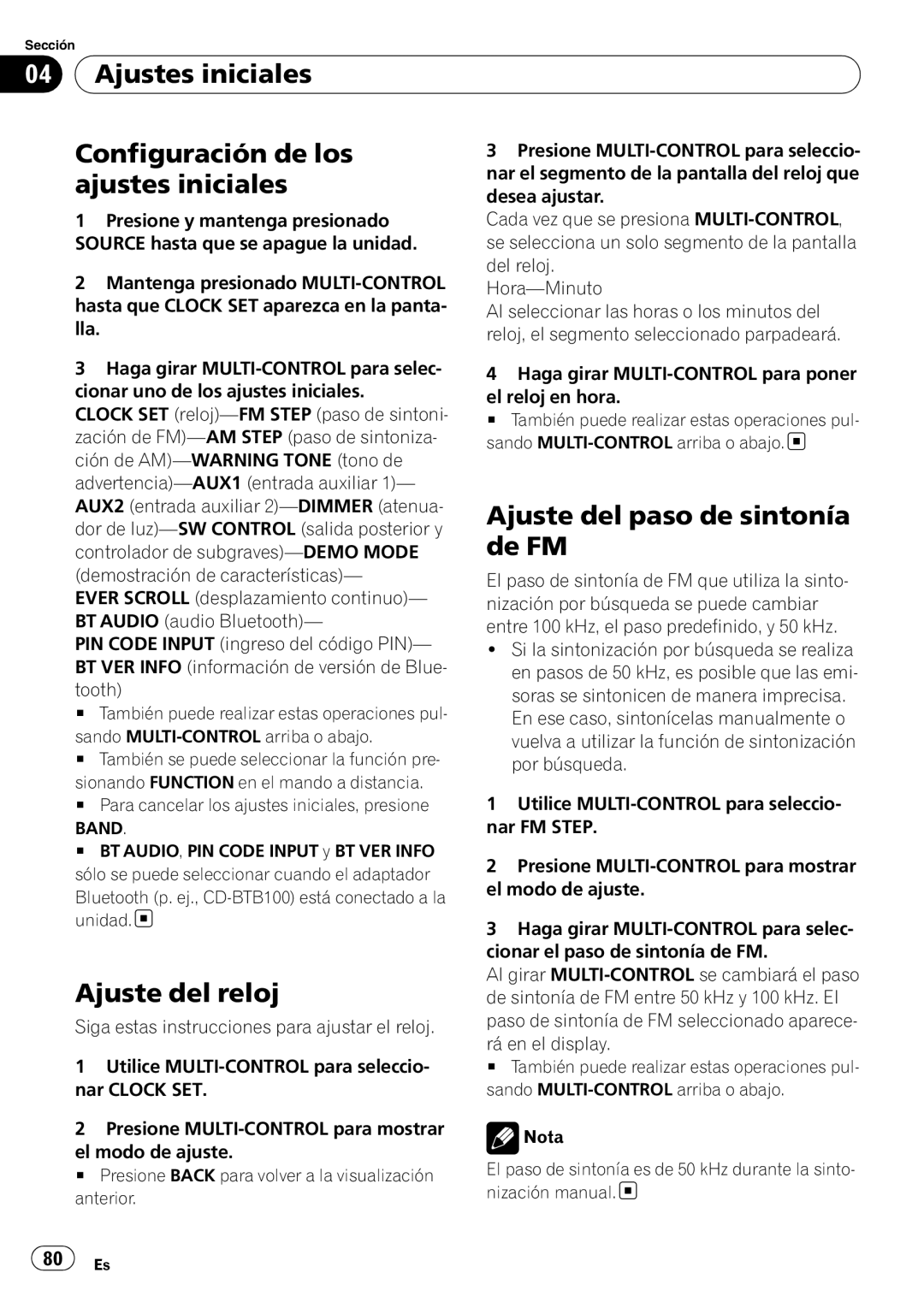 Pioneer DEH-P4050UB Ajustes iniciales Configuración de los, Ajuste del paso de sintonía, De FM, Ajuste del reloj 