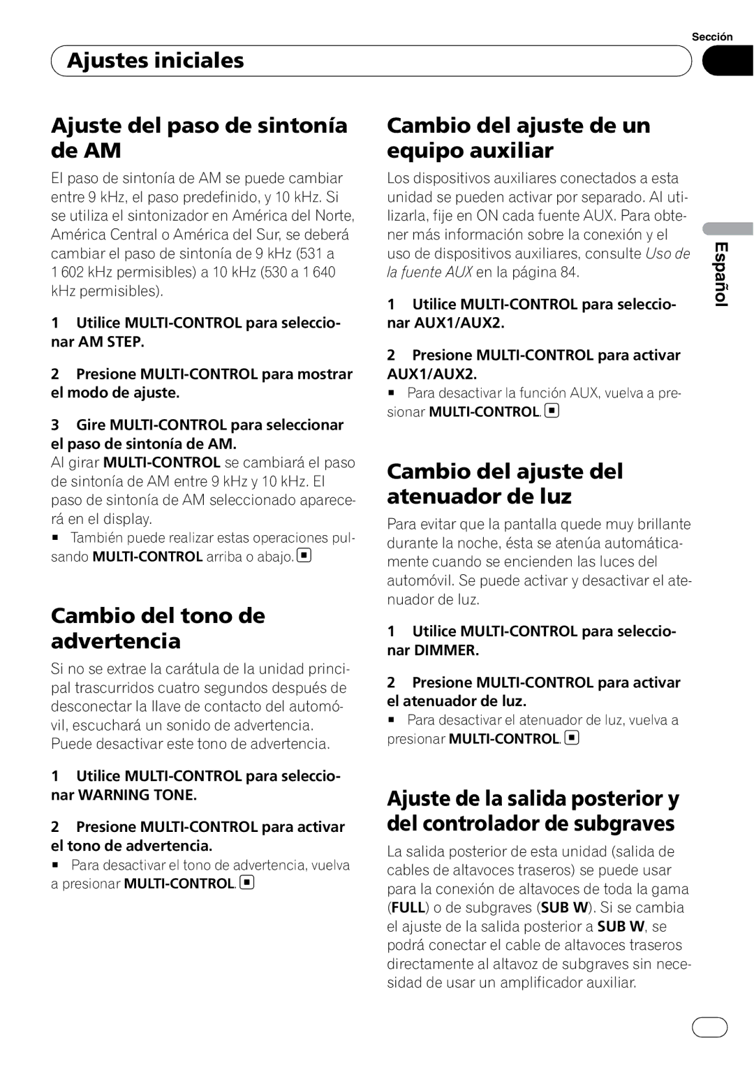 Pioneer DEH-P4050UB Ajustes iniciales Ajuste del paso de sintonía de AM, Cambio del tono de advertencia, AUX1/AUX2 