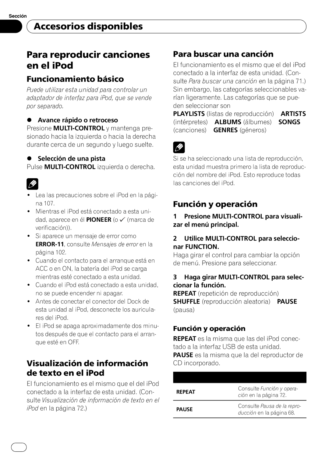 Pioneer DEH-P4050UB Accesorios disponibles Para reproducir canciones, En el iPod, Función y operación, De texto en el iPod 