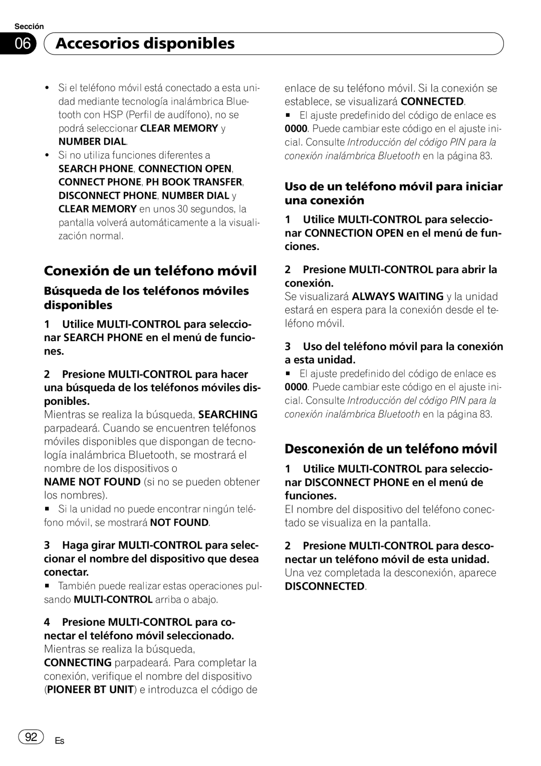 Pioneer DEH-P4050UB operation manual Conexión de un teléfono móvil, Desconexión de un teléfono móvil 