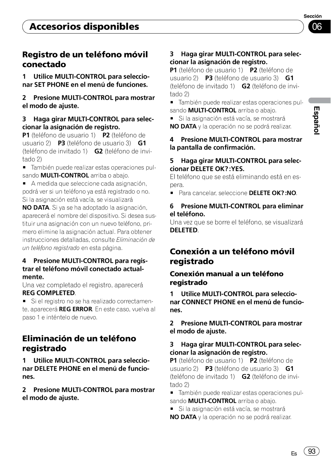 Pioneer DEH-P4050UB operation manual Registro de un teléfono móvil conectado, Conexión a un teléfono móvil registrado 