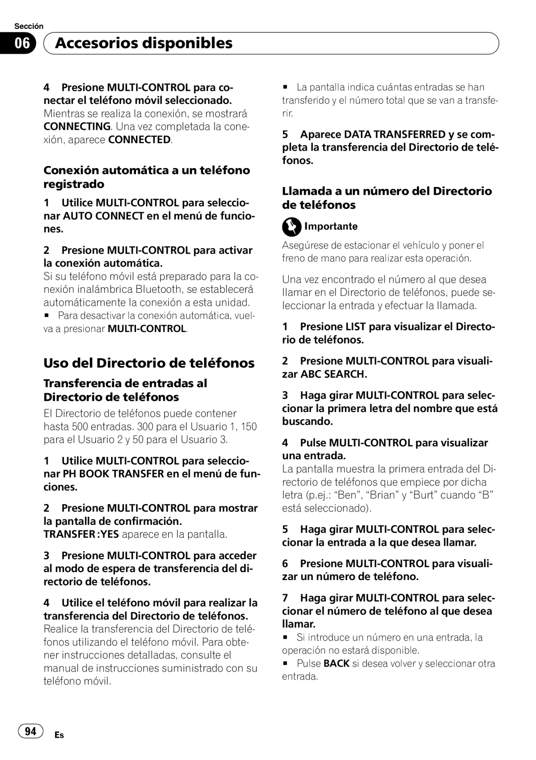 Pioneer DEH-P4050UB operation manual Uso del Directorio de teléfonos, Conexión automática a un teléfono registrado 